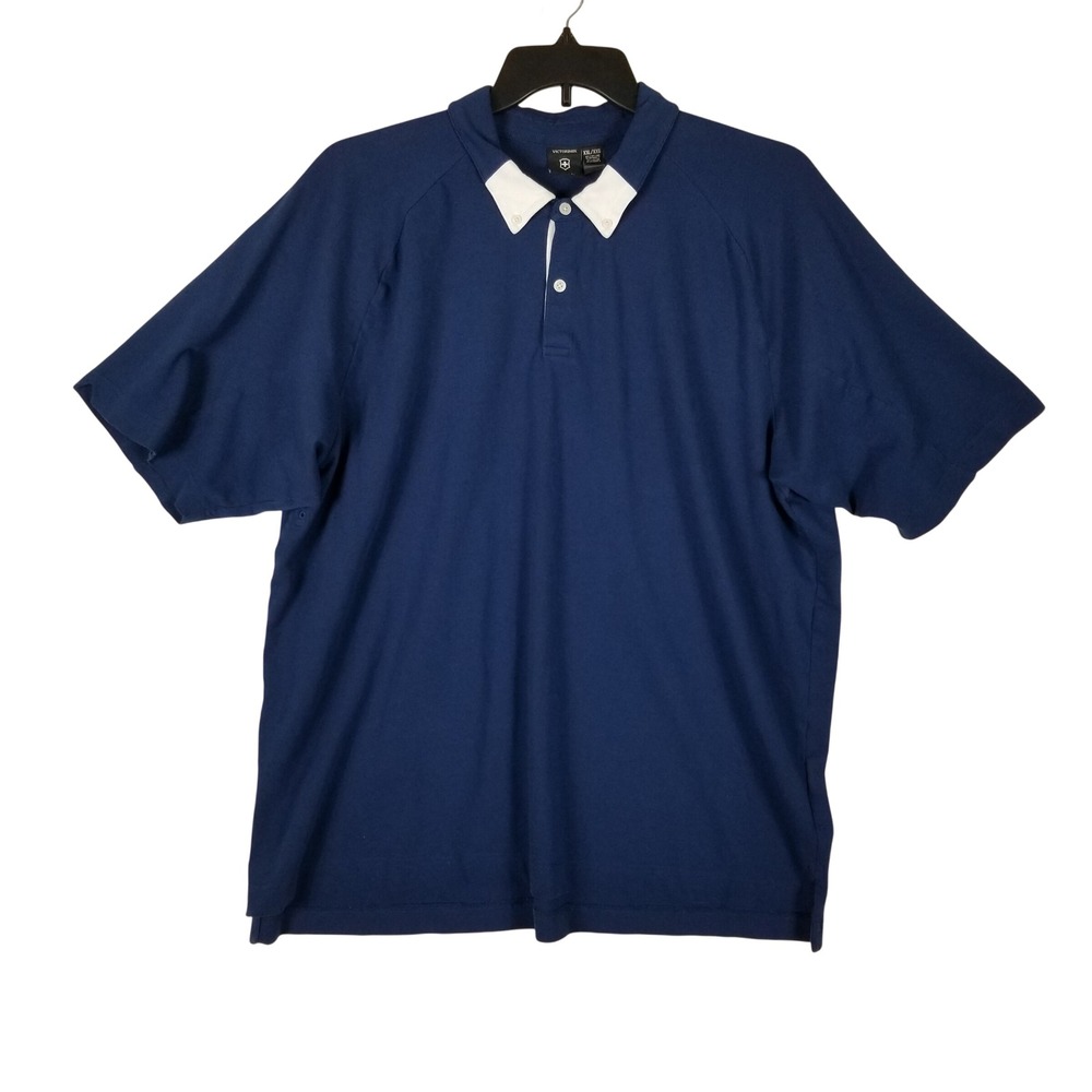Victorinox Polo Shirt Men XXL Navy Blue White Contrast Collar Tailored Fit